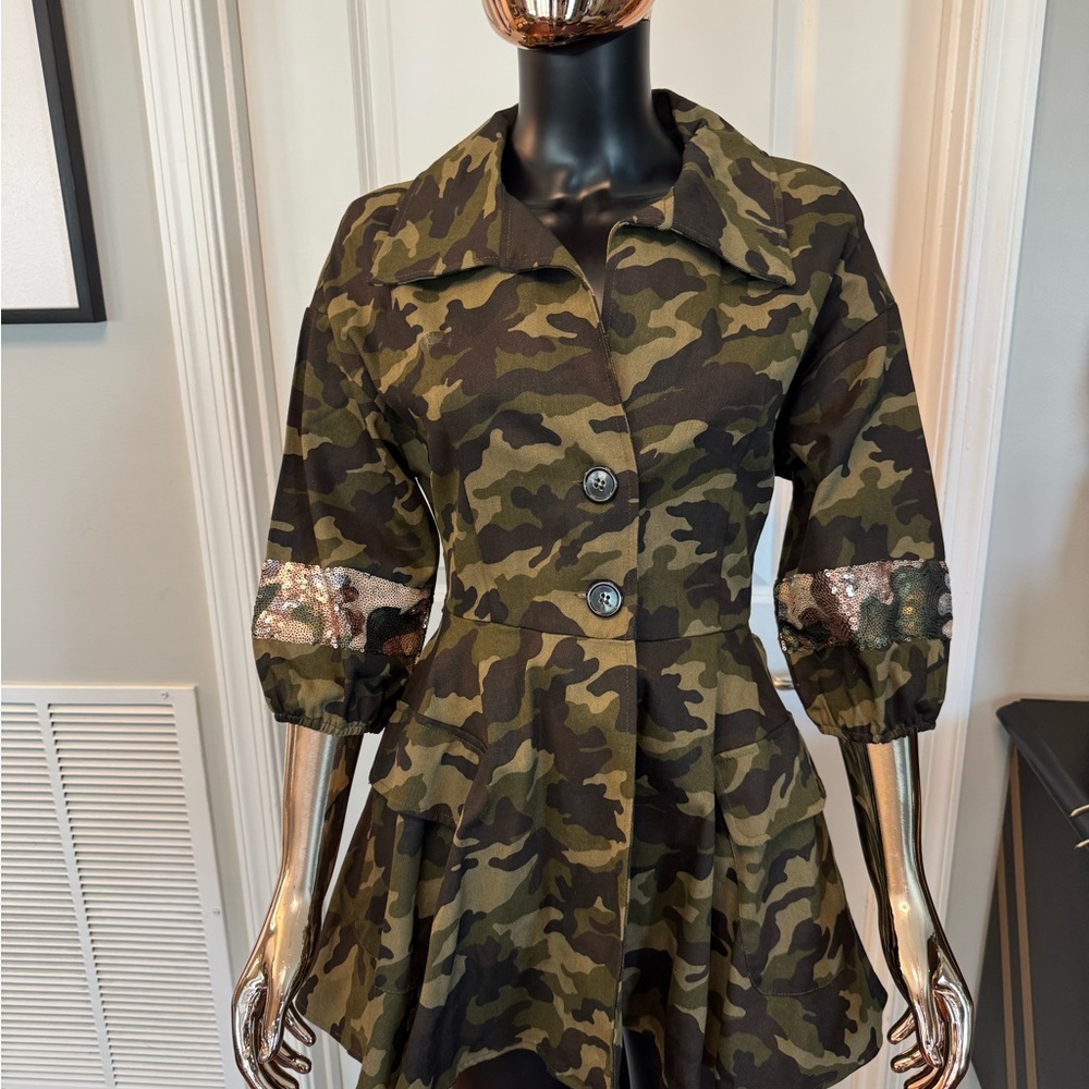 Camouflage Women's Jacket with Sequin Detail and Belt